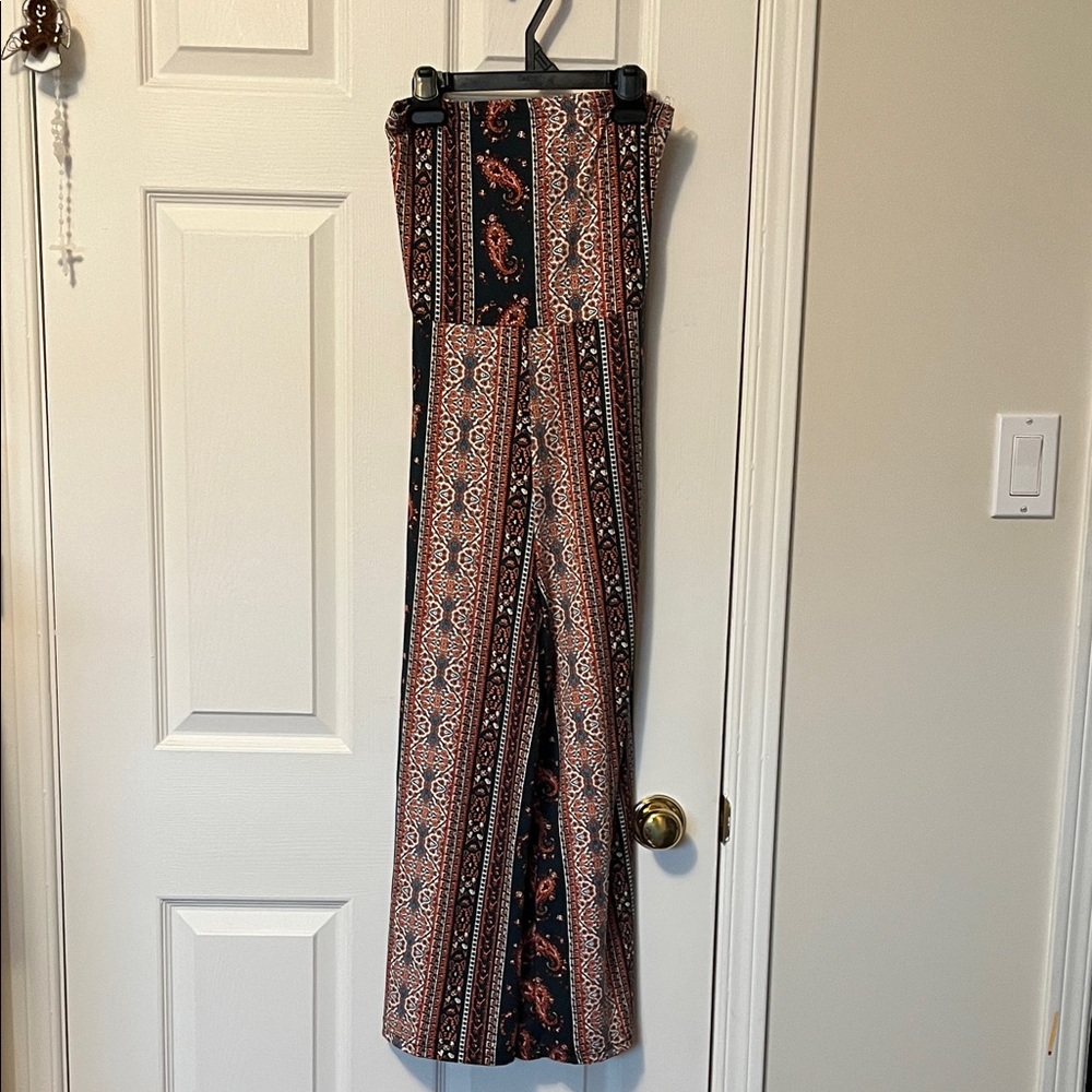 Bohemian Print Strapless Jumpsuit - navy orange and white